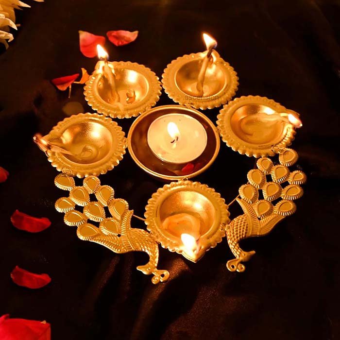 Five-Wick Gold-Plated Decorative Diya with Peacock Design for Festival and Puja-Giftii
